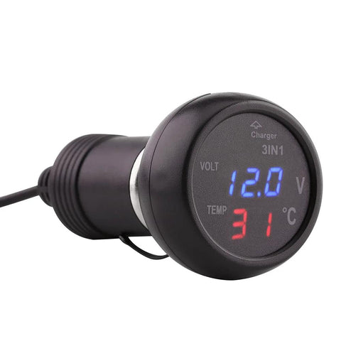 Close-up front view of a black 3-in-1 car voltmeter display, blue voltage readout and red temperature readout