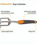 Ergo Cultivator For Digging And Aerating Soil And Weeding This Heavy Duty Garden Tool With An Ergonomic Cast Aluminum Head And Sharp Tines Plus A Hanging Hole For Easy Storage Yard Work Ready For Tough Soil And Healthier Plants.
