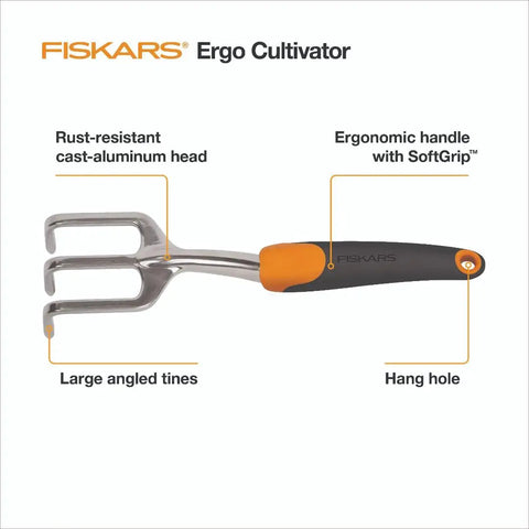 Ergo Cultivator For Digging And Aerating Soil And Weeding This Heavy Duty Garden Tool With An Ergonomic Cast Aluminum Head And Sharp Tines Plus A Hanging Hole For Easy Storage Yard Work Ready For Tough Soil And Healthier Plants.