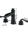 Black Waterfall Bathroom Faucet With 8 Inch Widespread Arc, Dual Lever Handles, Farmhouse Style 3-Hole Vanity Faucet dimensions shown