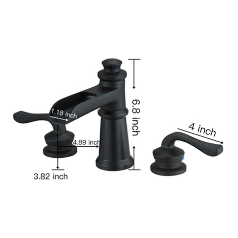 Black Waterfall Bathroom Faucet With 8 Inch Widespread Arc, Dual Lever Handles, Farmhouse Style 3-Hole Vanity Faucet dimensions shown