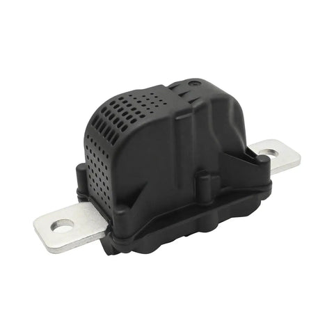 Straight Up Badass High Voltage Battery Disconnect Pyro Fuse Fits Tesla Model 3 And Model Y 2017 To 2023 side view, black plastic casing with metal connection.
