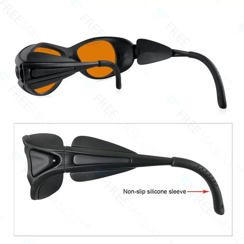 Side view of OD 6 Plus UV and blue light blocking safety glasses for laser light, highlighting non-slip silicone sleeve.