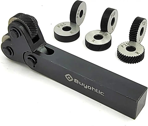 Double Wheel Lathe Knurling Tool Set For Diagonal Knurling Pitch Options 0.5mm 1.0mm 2.0mm Easy Grip Metalworking Upgrade For DIY Pros And Pro Shops shown with six interchangeable wheels.
