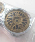 Porsche Taisan 26mm Chrome Gold RC Rim Set Two Piece For TT 02B Chassis in packaging, showing realistic chrome and gold finish.