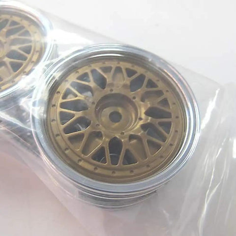 Porsche Taisan 26mm Chrome Gold RC Rim Set Two Piece For TT 02B Chassis in packaging, showing realistic chrome and gold finish.