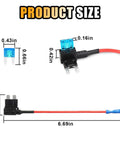 Product size of 12V Car Add A Circuit Fuse Tap Adapter Kit with 15A mini blade fuses for cars, trucks, and boats, displayed with measurements.