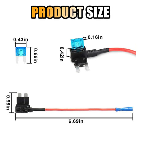 Product size of 12V Car Add A Circuit Fuse Tap Adapter Kit with 15A mini blade fuses for cars, trucks, and boats, displayed with measurements.