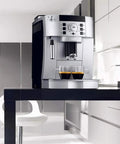 Top Shelf Fully Automatic Bean To Cup Coffee Maker With Integrated Grinder And 15 Bar High Pressure Extraction For Home And Office on a kitchen countertop with two coffee cups.