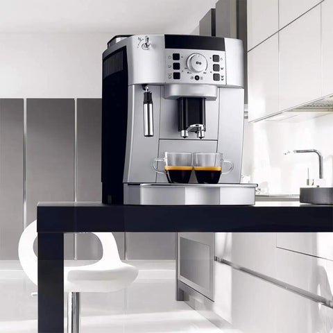 Top Shelf Fully Automatic Bean To Cup Coffee Maker With Integrated Grinder And 15 Bar High Pressure Extraction For Home And Office on a kitchen countertop with two coffee cups.
