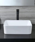 Rectangular Vessel Sink With Matte Black Faucet And Pop Up Drain 16 By 12 Inch Above Counter White Porcelain Ceramic Bathroom Basin Dope Combo Includes Water Line Hoses For Easy Install on black countertop