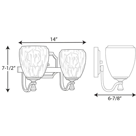 Dimensions of Anjoux Dope Two Light Gray Bath Vanity Light With Clear Water Glass Shades, Polished Nickel Accents, shown from front and side.