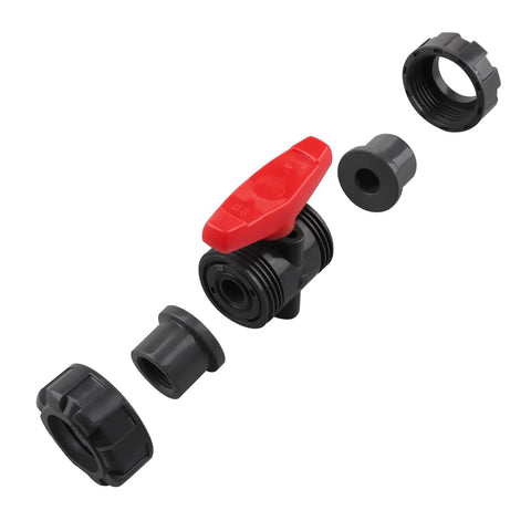 Solid Two Pack PVC True Union Ball Valve NPT Threaded With Full Port EPDM O Rings And Reversible PTFE Seats Rated At Two Hundred PSI One Half Inch