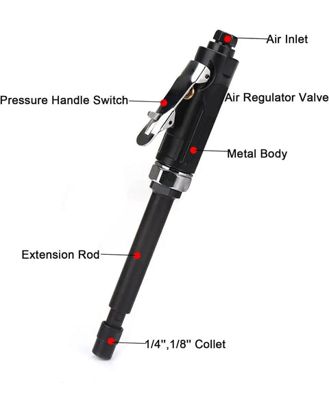 Heavy Duty Pneumatic Grinder With Extended Shaft Cracks Open Stubborn Recesses Like A Gangbuster 22000 Rpm Air Powered Grinding Tool showing air inlet, handle switch, and collet options.