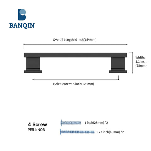 Diagram showing dimensions of 10 Pack Black 5 Inch Center To Center Cabinet Handles Drawer Pulls Square Hardware For Kitchen Cabinets Dresser Bathroom Vanity Durable Metal Construction With Smooth Edges For Easy Installation And A Modern Square Look For Any Kitchen Or Bath Decor.