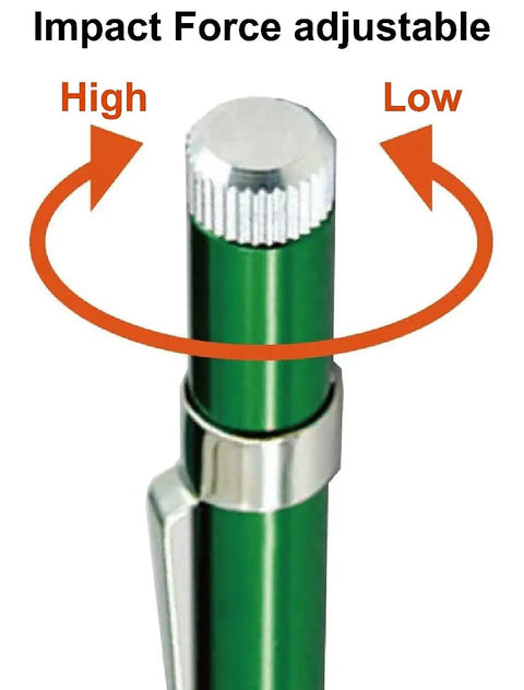 No Sweat Hammer Free Automatic Center Punch With Twist Dial Tension And Razor Sharp Carbide Tip Aluminum Body showing adjustable impact force dial.