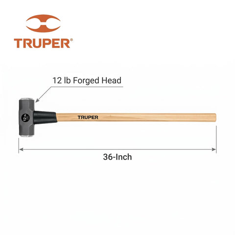 12 Lb Sledge Hammer With 36 Inch American Hickory Handle, Double Faced Forged Steel Head, Heavy Duty Demolition And Construction Tool
