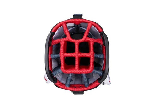 Top view of Chev 14 Way Cart Bag For Golf Lightweight And Sleek 14 Divider Top Navy White Red Side Access Handles Ring And Glove Patch