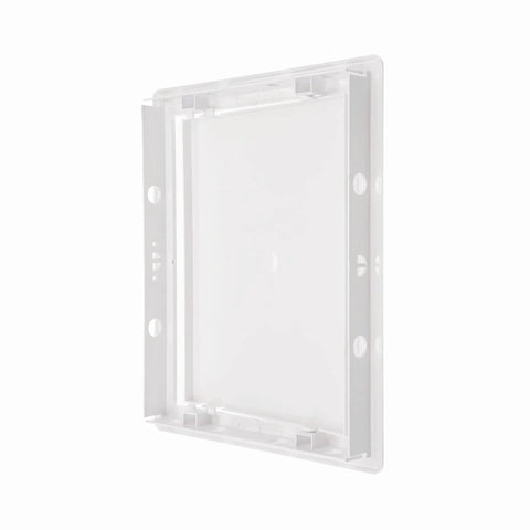 Top Shelf Eight By Ten Inch White Abs Plastic Plumbing Access Panel With Smooth One Hundred Eighty Degree Swivel Lid displayed.