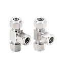 304 Stainless Steel Compression Tee Three Quarter Inch OD Three Way Connector Tube Fitting Pack Of 1 Beefy Built To Last Heavy Duty Leak Proof Ferrule Design For High Pressure Plumbing And Irrigation Systems, two views