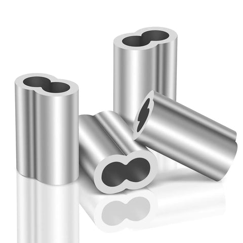 Heavy Duty Aluminum Crimping Loop Sleeve For Wire Rope And Cable Ends One Quarter Inch Six Millimeter Ferrules Crimp Sleeves For Cable Line Ends Durable Marine Outdoor Gear 50 Pack, silver double-barrel ferrules