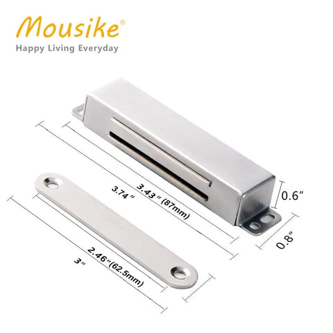 Beefy Heavy Duty Magnetic Door Catch 90lb Hold with Tough Stainless Steel Magnets shown with dimensions for cabinets