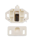White Door Roller Catch Set Spring Loaded ABS Plastic Cabinet Latch shown disassembled front view