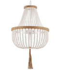 Four Light Wood Beaded Boho Farmhouse Pendant Chandelier With Tassels In White Rustic Bohemia Style, 17 Inch Diameter, E12 LED