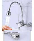 304 Stainless Steel Wall-Mounted Faucet Multifunctional Kitchen Tap Hot & Cold Water with pull-down spray, hand under water.