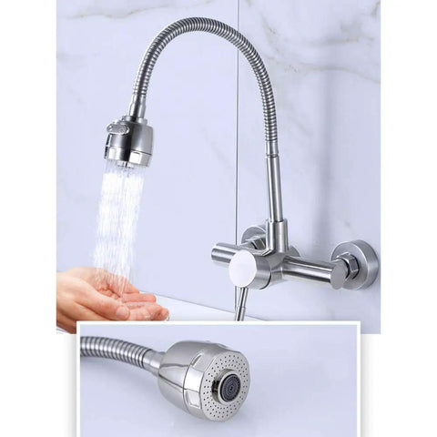 304 Stainless Steel Wall-Mounted Faucet Multifunctional Kitchen Tap Hot & Cold Water with pull-down spray, hand under water.