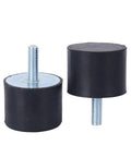 Badass Heavy Duty Rubber Shock Absorber Mounts With Male Threaded Ends For Air Compressors Mini Split Heat Pumps And Industrial Machinery; two rubber mounts with metal threaded rods.