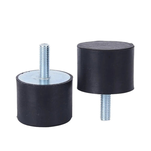 Badass Heavy Duty Rubber Shock Absorber Mounts With Male Threaded Ends For Air Compressors Mini Split Heat Pumps And Industrial Machinery; two rubber mounts with metal threaded rods.