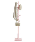 Solid Wood Coat Rack Stand With Eight Hooks No Tool Assembly Adjustable Heights Free Standing Hall Tree For Coats Hats Bags And Purses Rubberwood Construction Jelly Pink Finish Ideal Entryway Or Hallway Organizer showing side view with accessories.