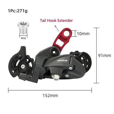 Rear Derailleur For Six To Eleven Speed Bicycles With Red Hanger Extender, dimensions labeled, 271g, for Mountain and Road Bikes
