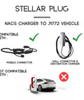NACS To J1772 EV Charger Adapter compatibility chart showing supported and unsupported chargers, with visuals of connectors.
