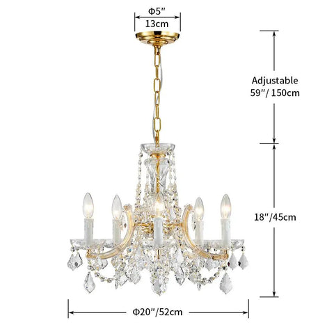 Modern Crystal Chandelier Light Fixture With Six Lights, Raindrop Pendant Crystals In Maria Theresa Brass Finish, D20 X H18 Inches