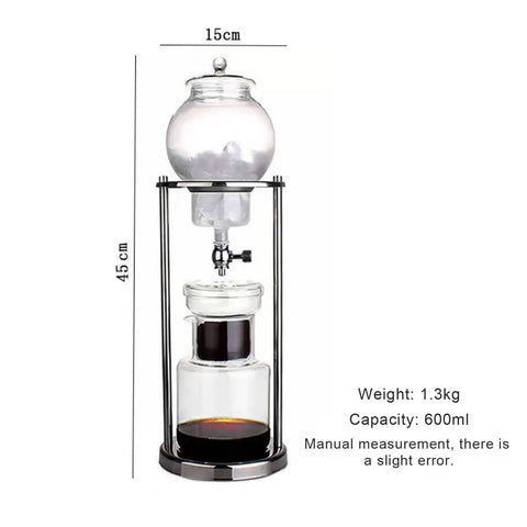 Smooth Chill Cold Brew Drip Tower Stainless Steel And Borosilicate Glass Coffee Maker with 600ml capacity and removable filter.