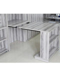 Desk Folding Hinge Kit Aluminum Alloy Space Saving Connector installed on a modern wooden desk setup in workspace.