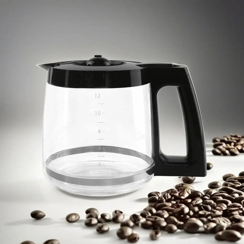 Replacement Glass Carafe For Ninja Coffee Maker 12 Cup Fits CE251 CE201 CE201C CE200 CE200C with black handle next to coffee beans