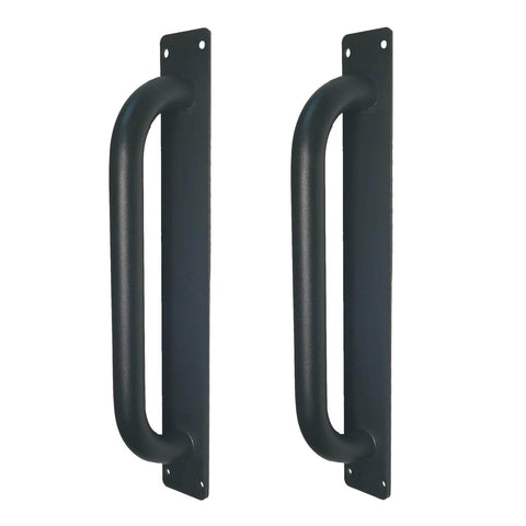 Beefy 12 Inch Heavy Duty Steel Barn Door Handles Black Powder Coat 2 Pack Gate Pulls For Outdoor Fence Garden Patio And Indoor Closet Cabinets Door Pulls Full Welded Metal Easy Grip, showing front view of two handles