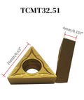Front view of two pieces: gold triangular carbide turning insert with center hole and brown 1/2-inch shank holder