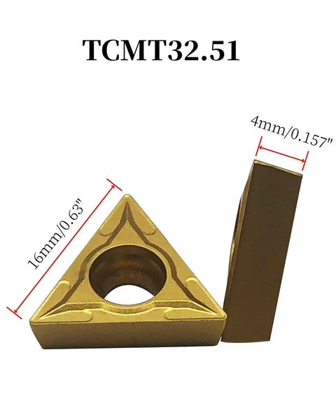Front view of two pieces: gold triangular carbide turning insert with center hole and brown 1/2-inch shank holder