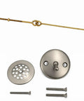 Tub Drain Linkage Assembly with Trip Lever and Strainer Done Cove, Fit for Trip Lever Bath Tub Waste and Overflow Drain, Brush Nickel Finish By Plumb USA components including linkage, strainer, and screws.