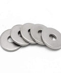 Set of six stainless steel flat fender washers, 1 in outer diameter, 0.080 in thick with 3/8 in hole.