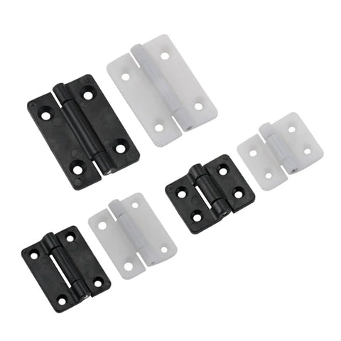 Set of four small damping cabinet door hinges, black and white, each with two-leaf design and four mounting holes.