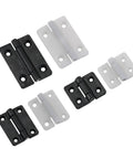Six damped cabinet door hinges in black and white finishes with four mounting holes each