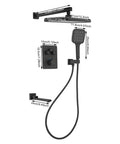 Shower System with Digital Temperature Display Handheld Nozzle 4.92ft Hose, features sleek black design and detailed dimensions.