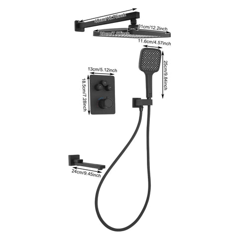 Shower System with Digital Temperature Display Handheld Nozzle 4.92ft Hose, features sleek black design and detailed dimensions.