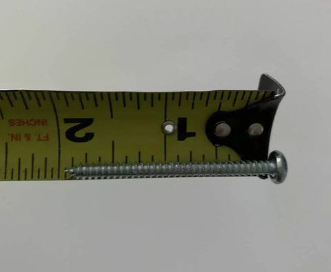 Measuring tape showing length of a pan head screw for Two White Bi-Fold Closet Door Pull Knobs Replacement Kit Pack Of 2 With Two Long Pan Head Screws And Washers