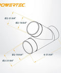 PowerPac 5 Piece Dust Collection Blast Gate Set Y fitting dimensions for seamless hose connections and airflow control.